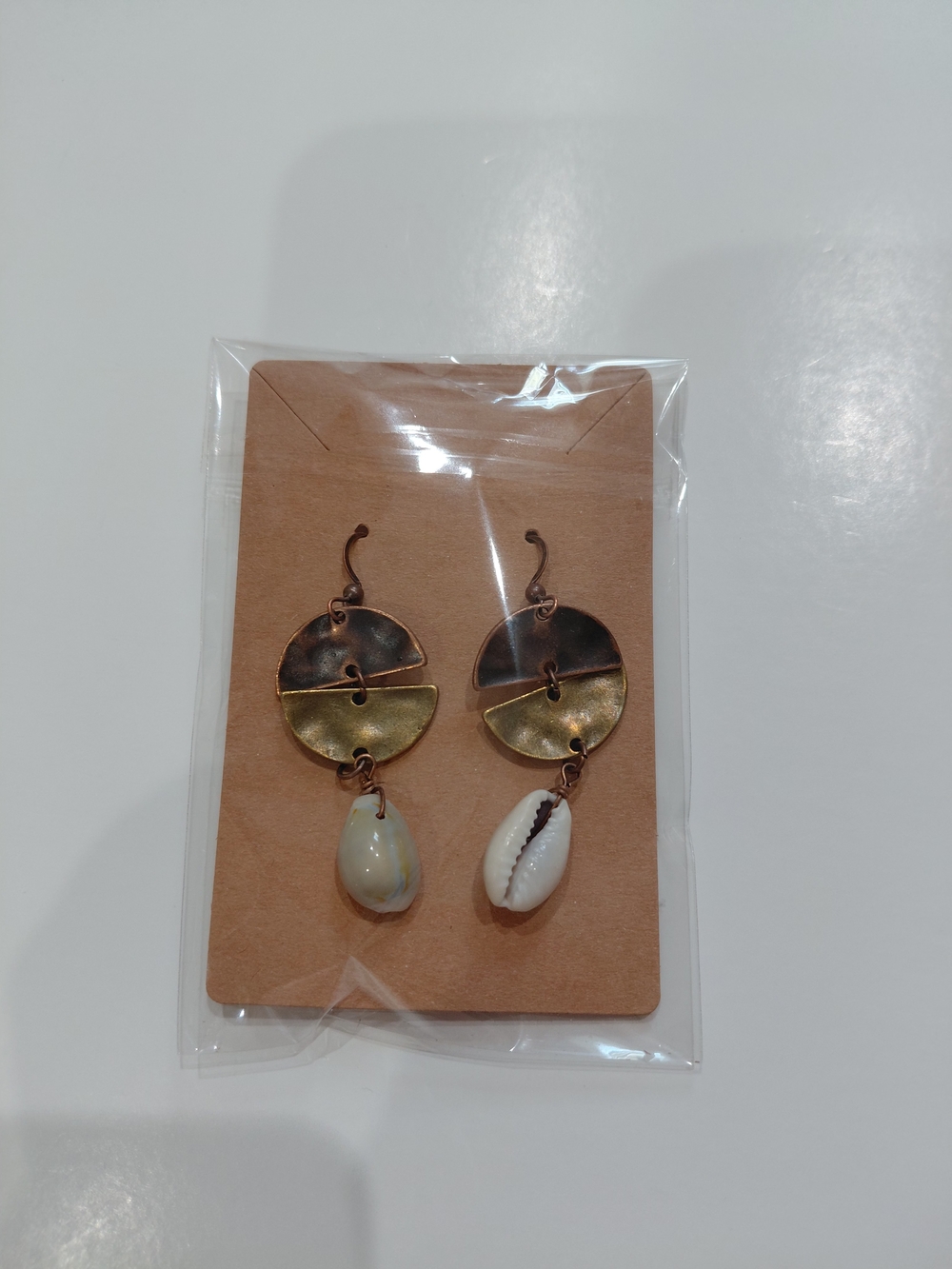 New Set Of 2 Mixed Metal Disc and Cowrie Shell Drop Earrings - Gold and Bronze